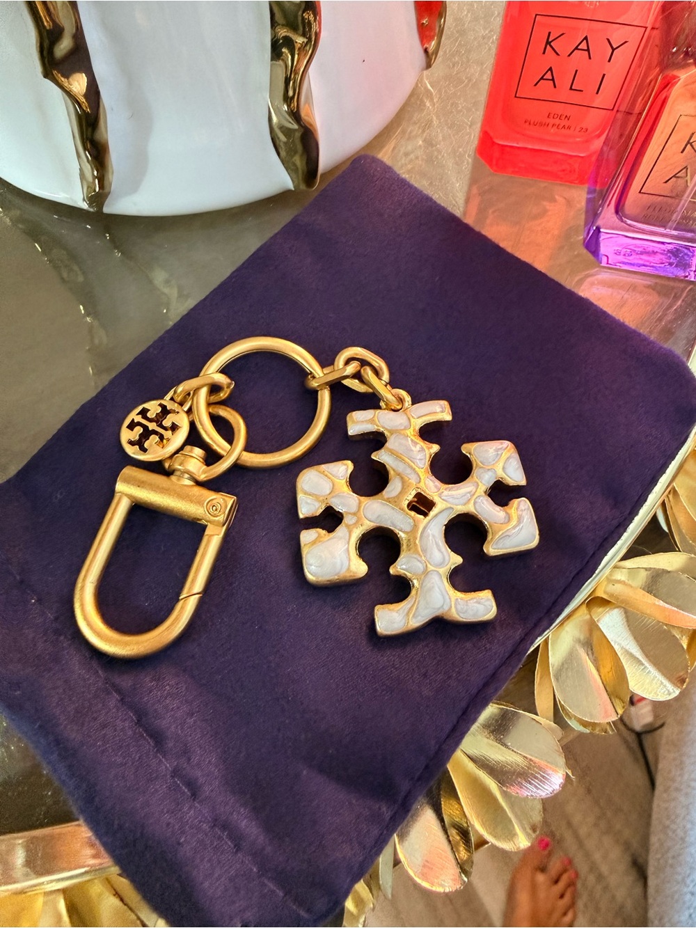 Tory Burch Gold-Tone Key Ring with White Enamel Logo Charm
